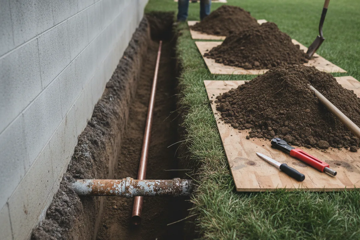 Excavated water line trench during Water Softener Installation in Windsor